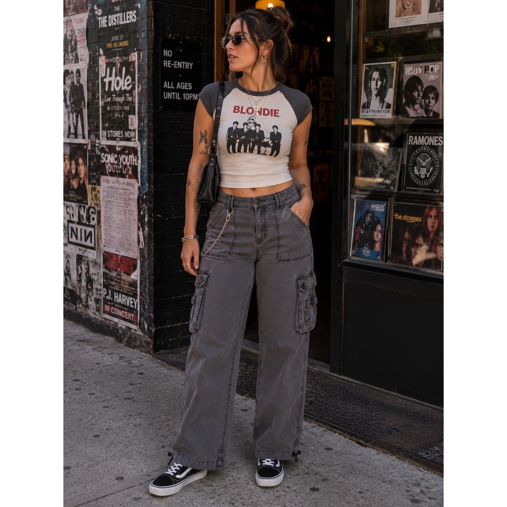 American Eagle Baggy Jogger Cargo Pants Women Size 12 Grey Stretch Utility Y2K